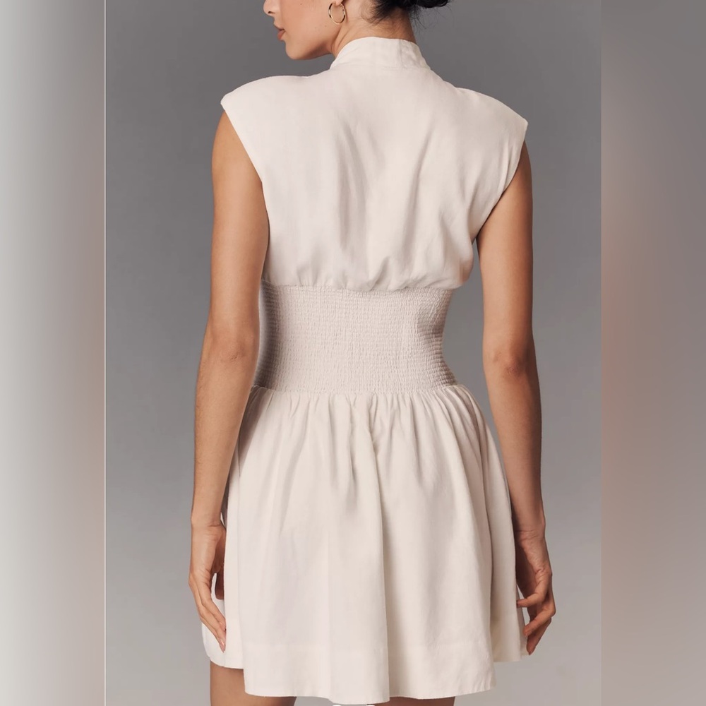 The Tommie Cap-Sleeve Linen Smocked Front-Zip Mini Shirt Dress - Picture 2 of 6